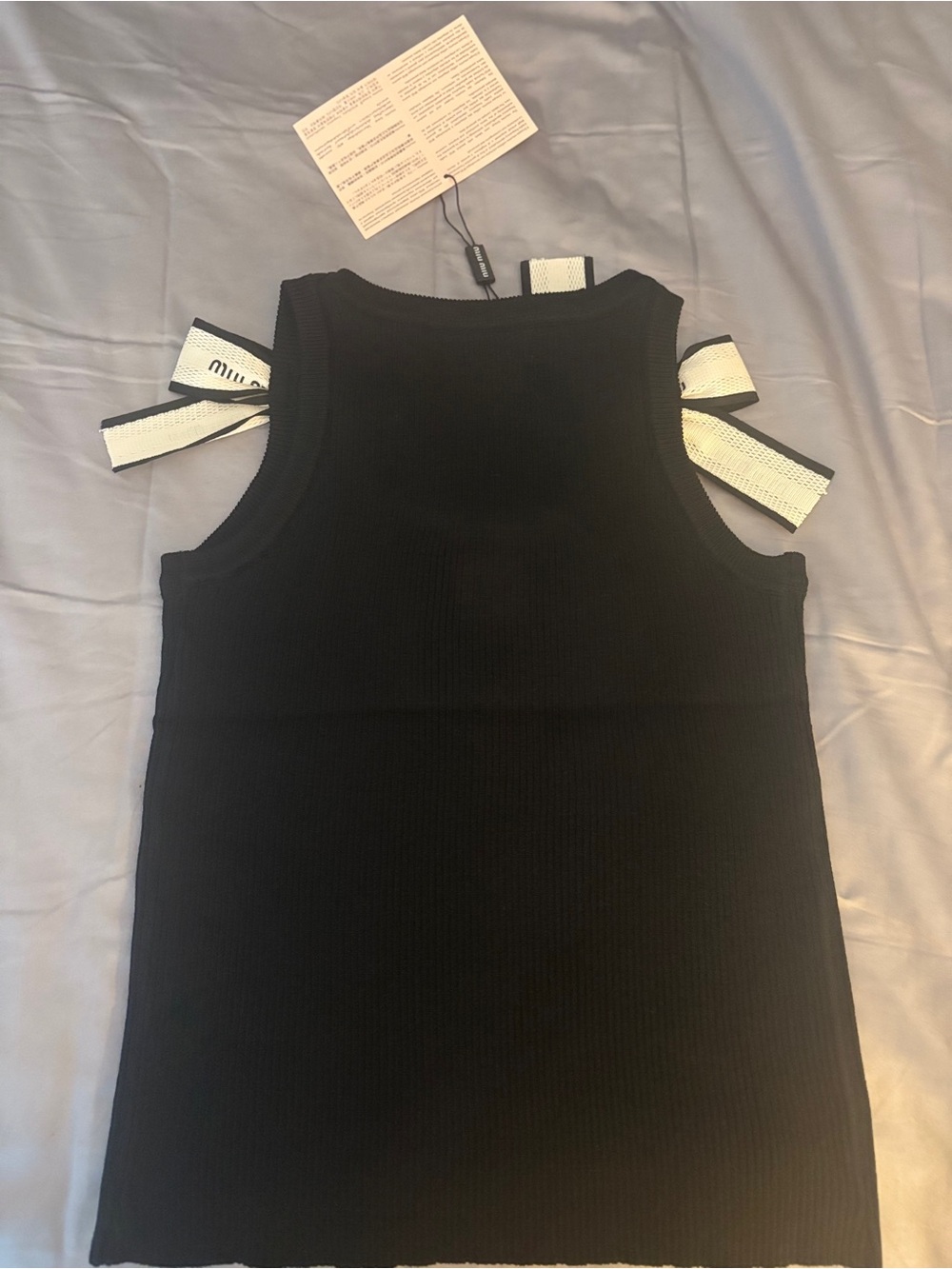Miu Miu Black Ribbed Tank with White Branded Ribbon Ties - Picture 3 of 4